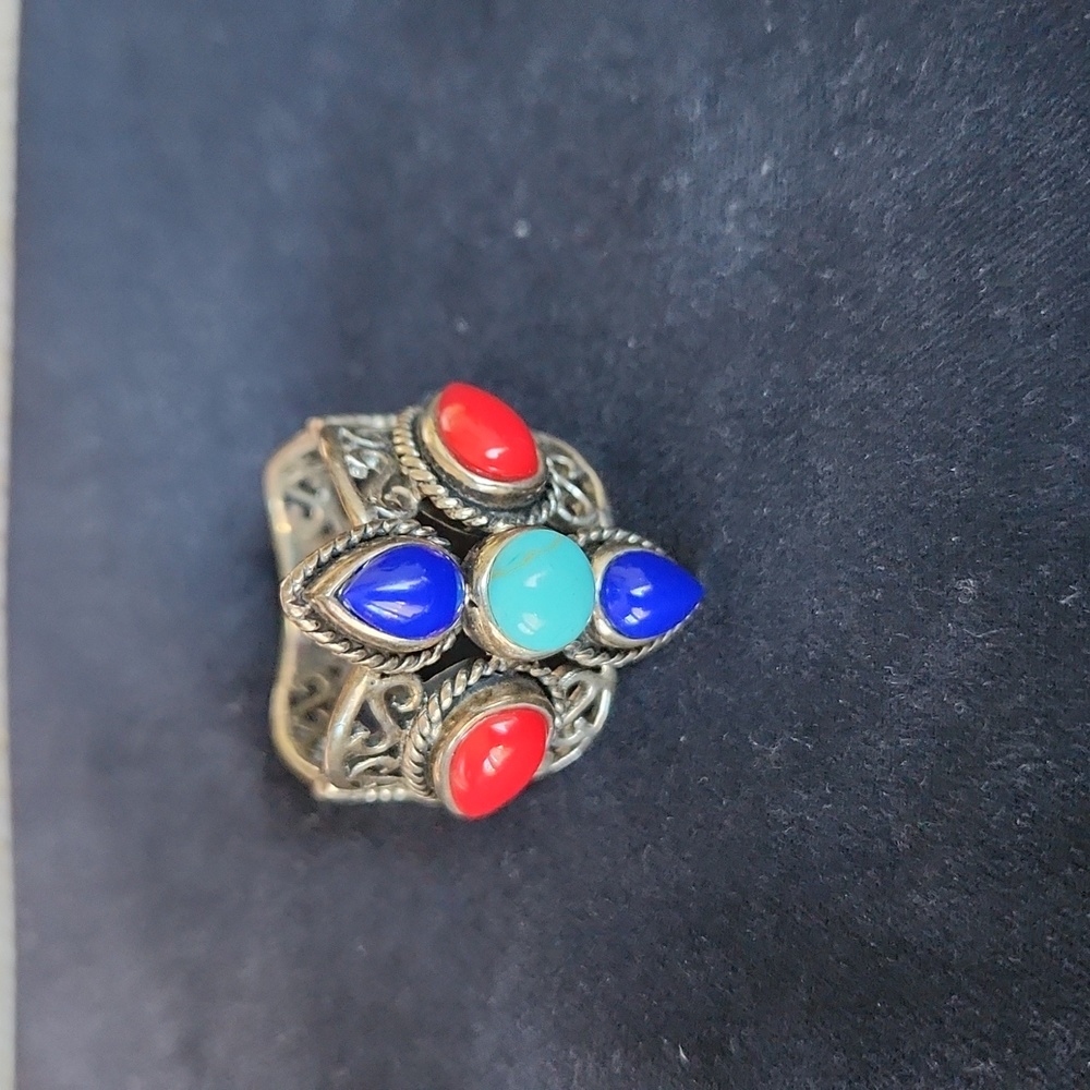 VINTAGE STERLING SILVER CORAL LAPIS TURQUOISE BEAUTIFUL RING